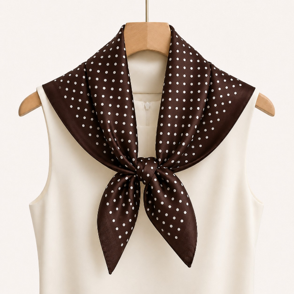 A dark brown scarf with white polka dots, styled on a wooden hanger around the collar of a cream-colored sleeveless top against a light beige background.