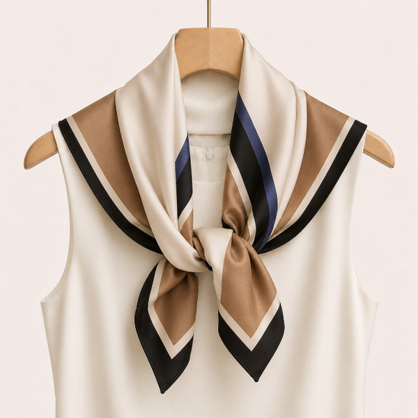 A cream-colored silk scarf with tan, navy blue, and black geometric stripes, styled on a wooden hanger over a cream sleeveless top against a light beige background.