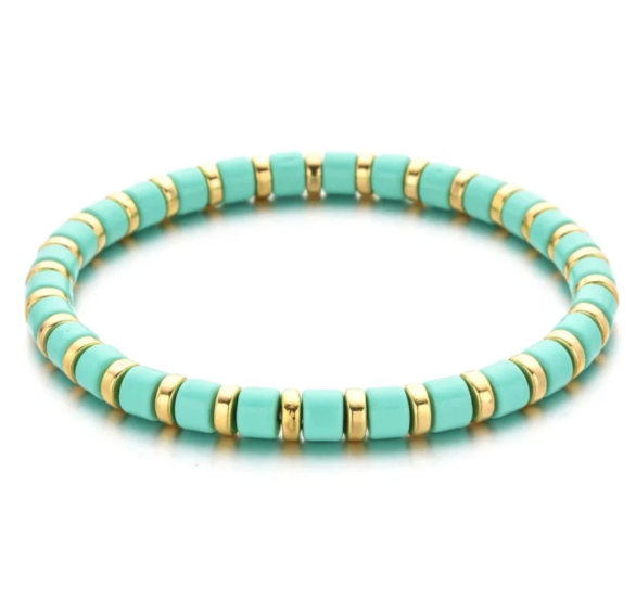 Enamel and Gold beaded stretch bracelets in turquoise. From Misgraceful