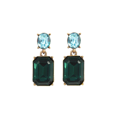 Pair of earrings with green and blue gemstones on a white background