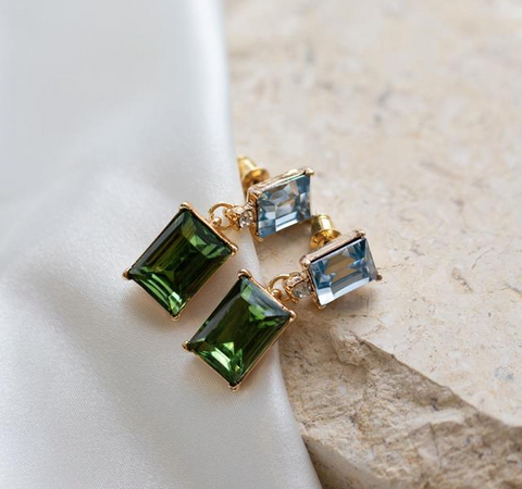 Pale Blue, Green and Gold Twin Gem Rectangular Earrings from Last True Angel