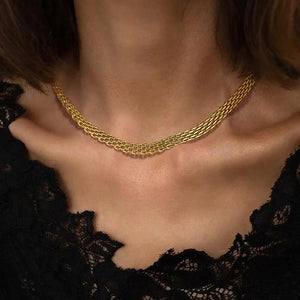 Vintage Style Waterproof Mesh Chain gold Necklace from MisGraceful Jewellery on a model.