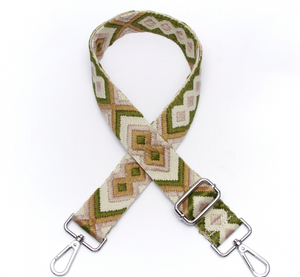 Aztec Olive Green and Tan Woven Bag Strap - silver hardware