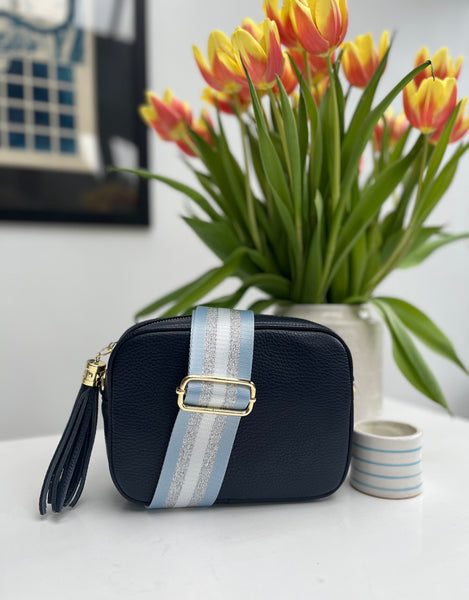 Baby Blue and Silver Stripe Bag Strap with baby blue leather with navy leather tassel bag