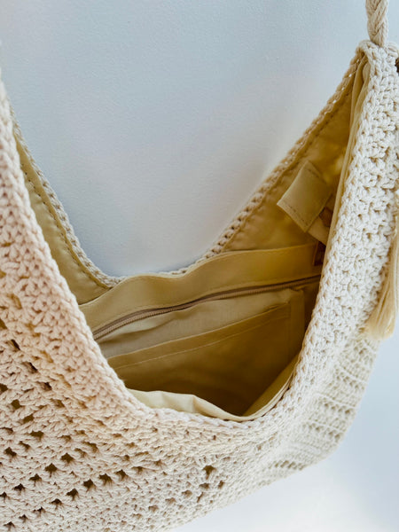 Beige Crochet Hobo Bag