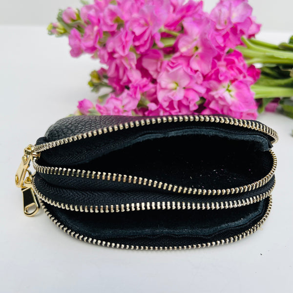 Black Leather Double Zip Coin Purse