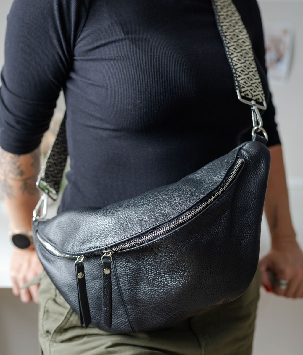 Black Leather Large Waist Bag silver hardware
