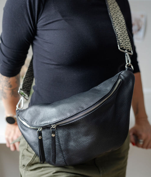 Black Large Leather Waist Bag with silver hardware and onochrome geometric strap - photographed by AnySomething Photography