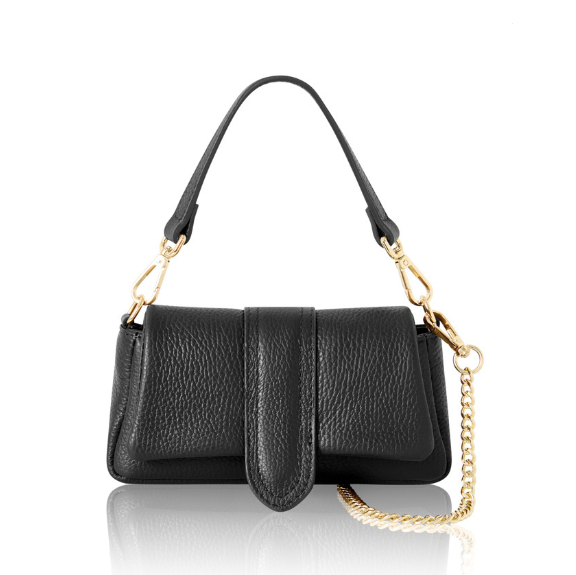 Black handbag with gold chain strap on a white background
