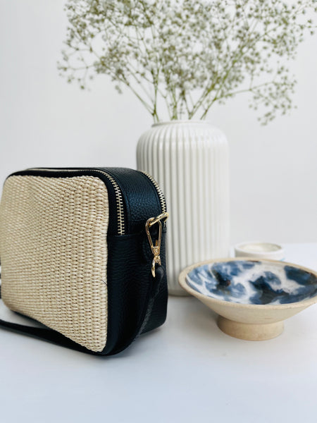 Black Leather and Straw Cross Body Bag