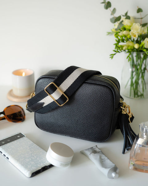 Black Leather Tassel Cross Body Bag with monochrome strap