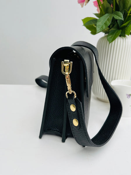 Black Leather Structured Crossbody Bag