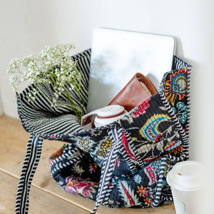 Black Indian Thistle Print Floral Tote