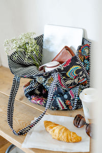 Black Indian Thistle Print Floral Tote