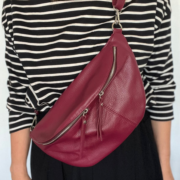 Burgundy Leather Large Waist Bag (silver hardware) worn by Cathy 
