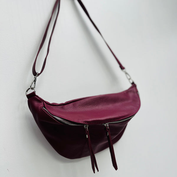 Burgundy Leather Large Waist Bag (silver hardware)