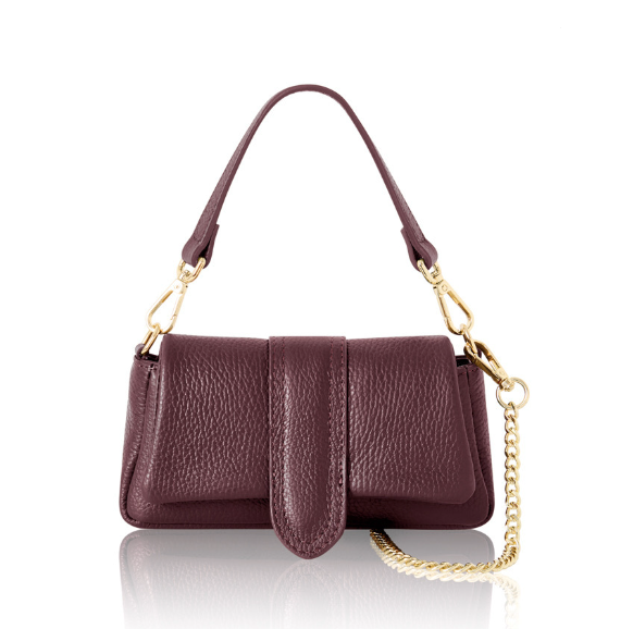 burgundy handbag with gold chain strap on a white background