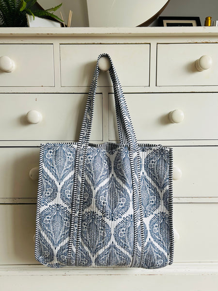 Blue and White Leaf Print Large Cotton Tote Bag