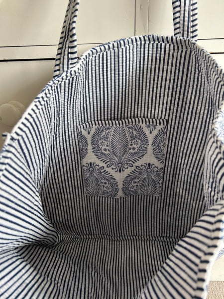 Blue and White Leaf Print Large Cotton Tote Bag