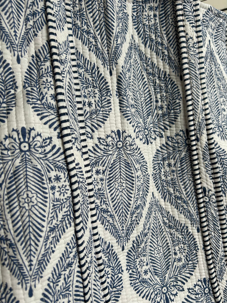 Blue and White Leaf Print Large Cotton Tote Bag