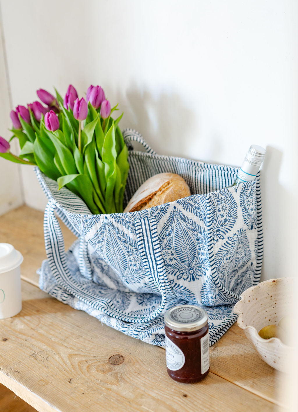 Blue and White Leaf Print Large Cotton Tote Bag