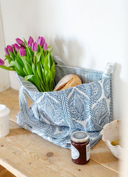 Blue and White Leaf Print Large Cotton Tote Bag