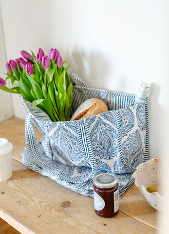 Blue and White Leaf Print Large Cotton Tote Bag