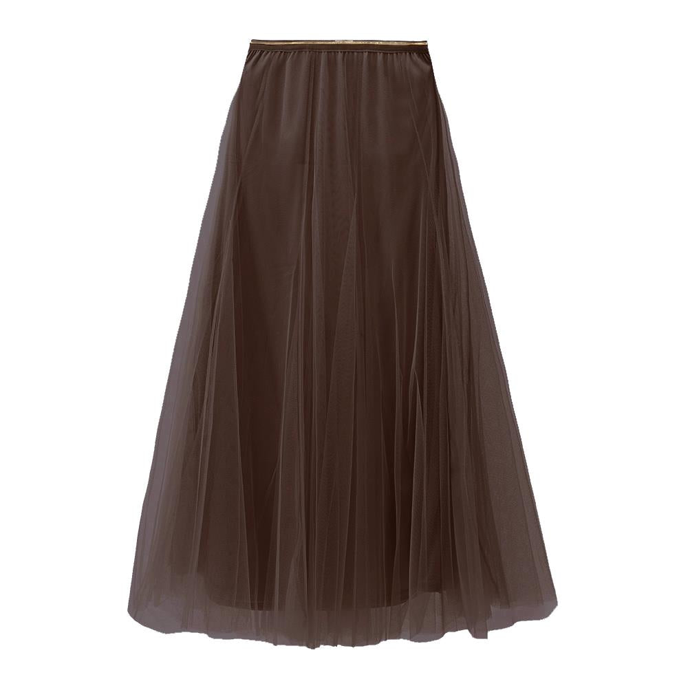 Chocolate Brown Tulle Midi Skirt with Gold Waistband