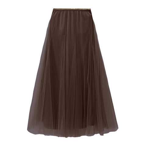 Chocolate Brown Tulle Midi Skirt with Gold Waistband