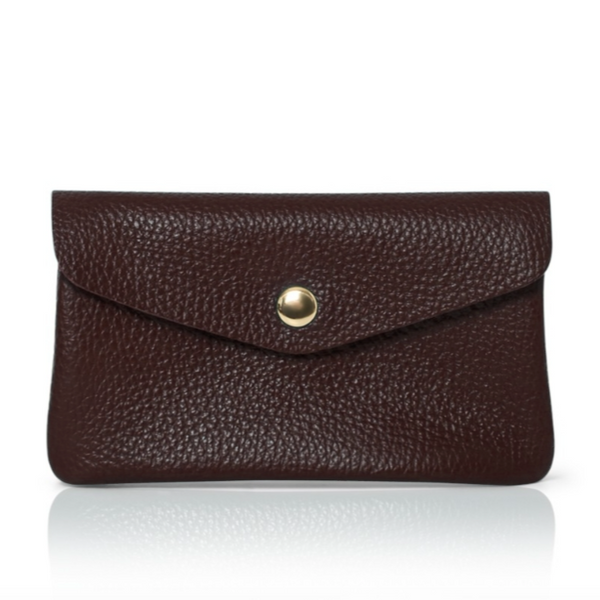 dark chocolate brown leather purse with gold snap closure on a white background