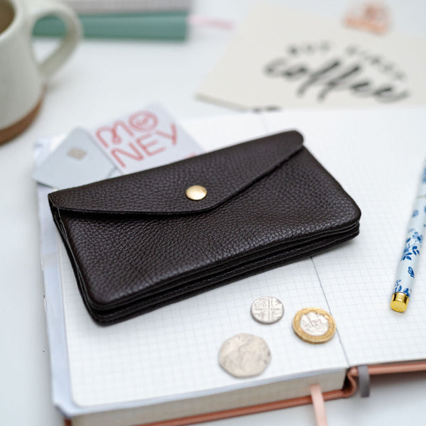 chocolate brown leather wallet on a notebook with coins and a pen on a desk.