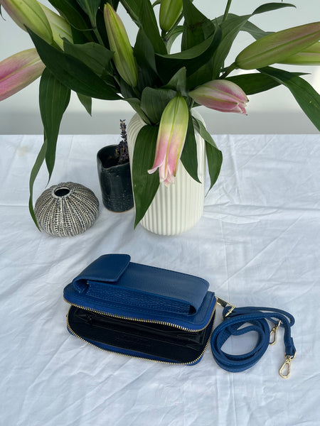 cobalt blue Leather Purse / Phone Crossbody Open