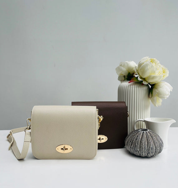 Cream  and taupe Leather Crossbody Lock Bag