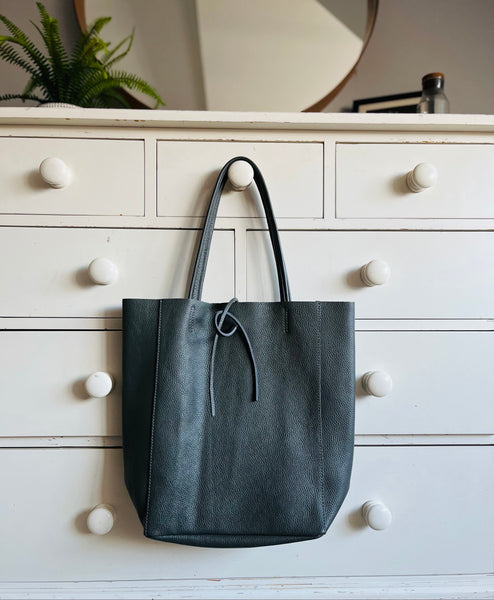 Dark Grey Leather Tote Bag