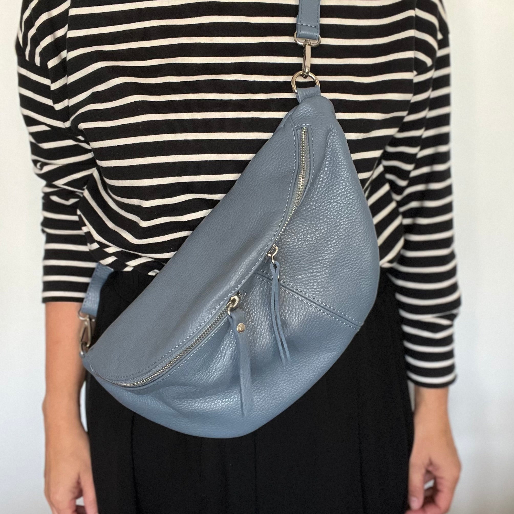Denim Blue Leather Large Waist Bag (silver hardware)