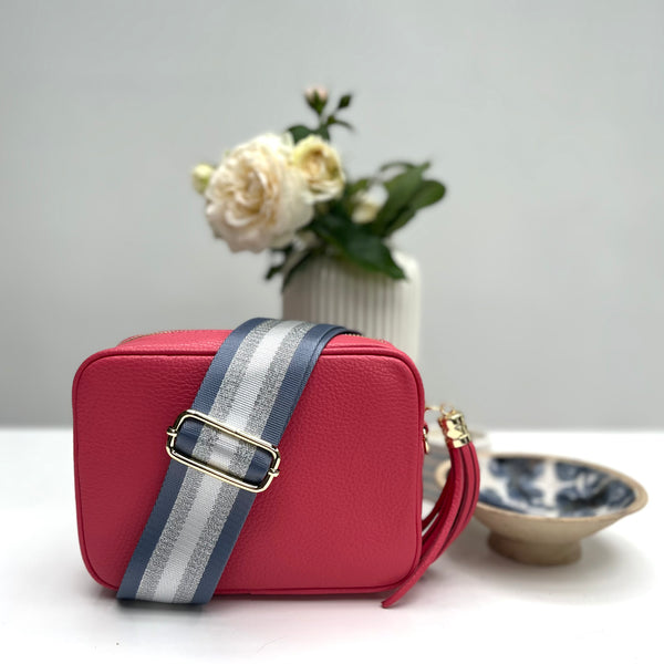 Denim Blue and Silver Stripe Bag Strap with coral leather tassel bag