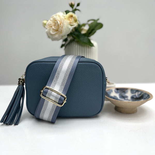 Denim Blue and Silver Stripe Bag Strap with denim blue leather tassel bag