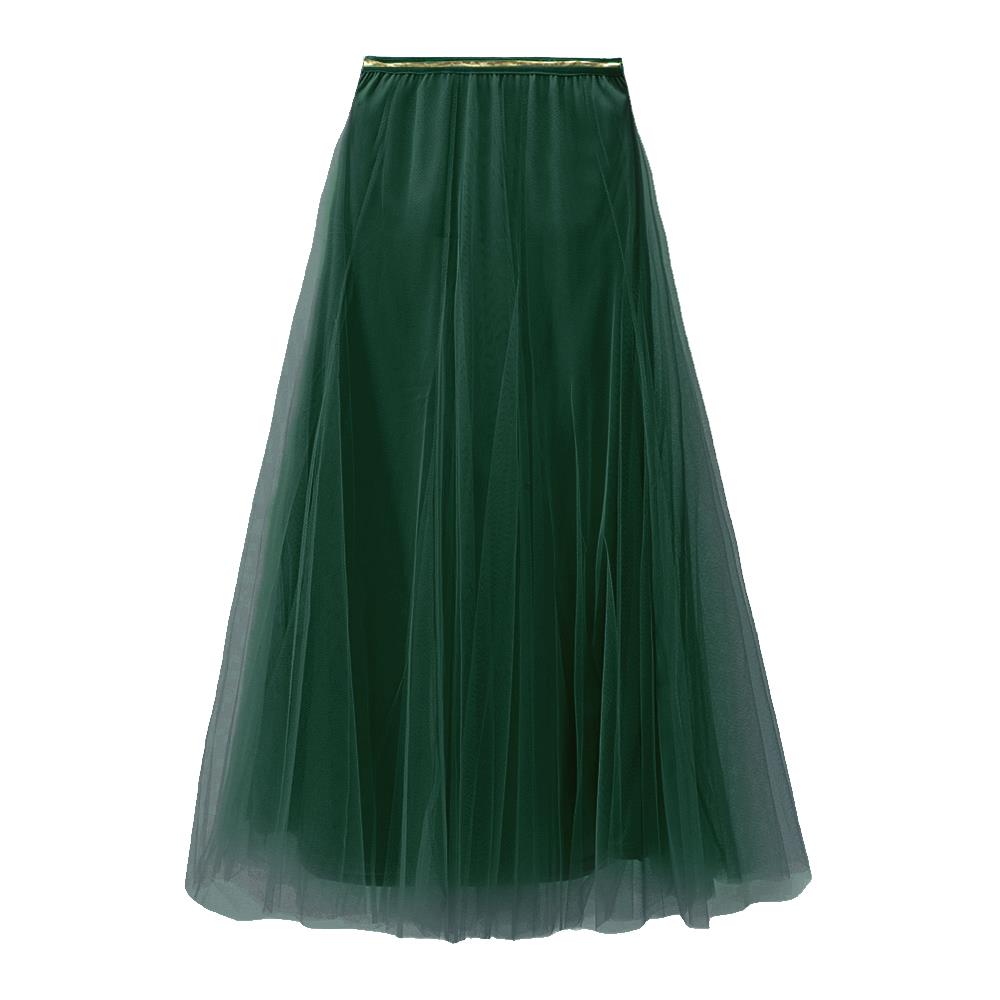 deep green floaty tull skirt with a gold waistband on a white background