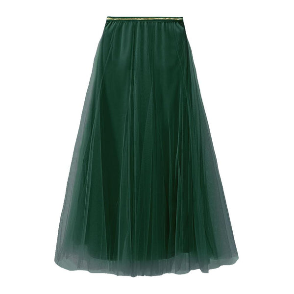 deep green floaty tull skirt with a gold waistband on a white background