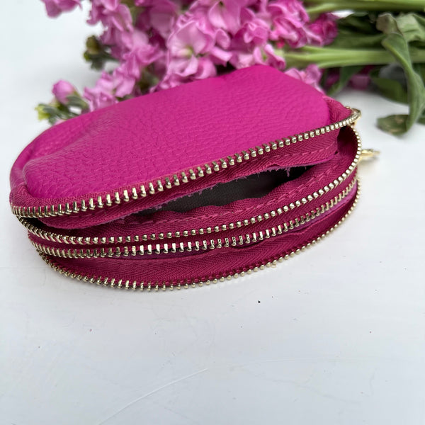 Fuchsia Pink Leather Double Zip Coin Purse