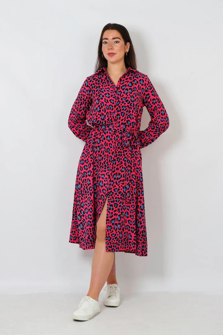 Fuchsia Pink Scattered Leopard Print Shirt Dress - with pockets Sarta at Miss Shorthair