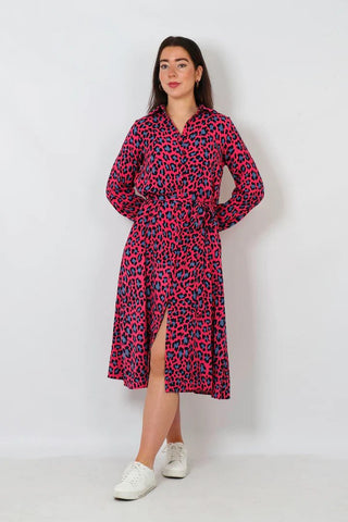 Fuchsia Pink Scattered Leopard Print Shirt Dress - with pockets Sarta at Miss Shorthair