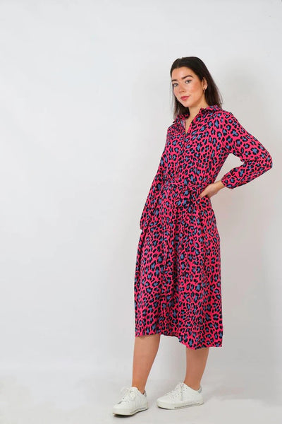 Fuchsia Pink Scattered Leopard Print Shirt Dress - with pockets Sarta at Miss Shorthair