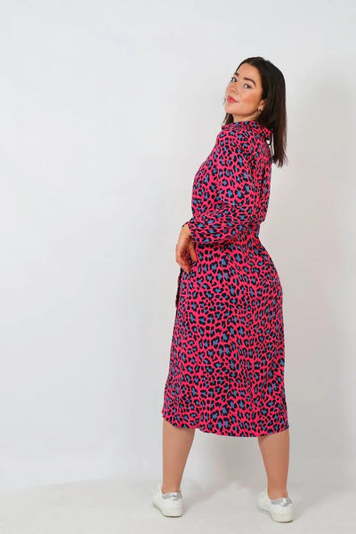 Fuchsia Pink Scattered Leopard Print Shirt Dress - with pockets Sarta at Miss Shorthair