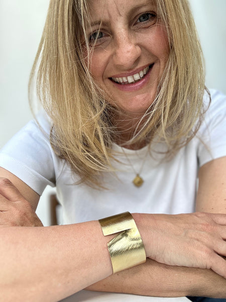 Cathy wearing Gold Cut Out Cuff from MisGraceful Jewellery