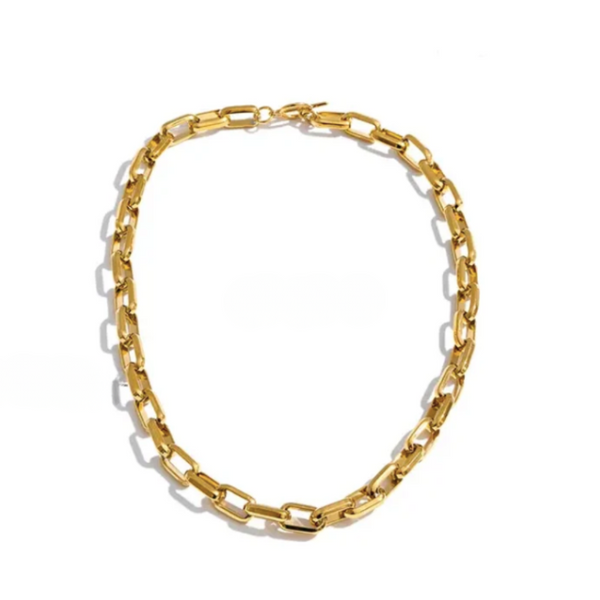 A gold chain necklace with a polished, elongated rectangular link design, arranged in a circle on a clean white background.