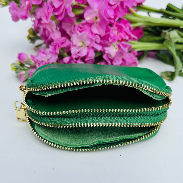 Green Leather Double Zip Coin Purse