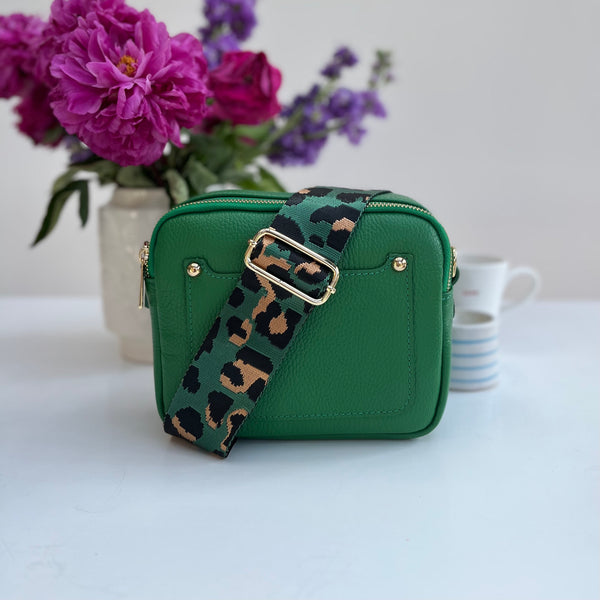 Emerald Green Animal Print Bag Strap on green leather double zip bag