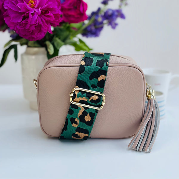 Emerald Green Animal Print Bag Strap on rose pink leather tassel bag