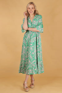 Green and Pink Print Fluted Sleeve V Neck Midi Dress - with pockets Sarta